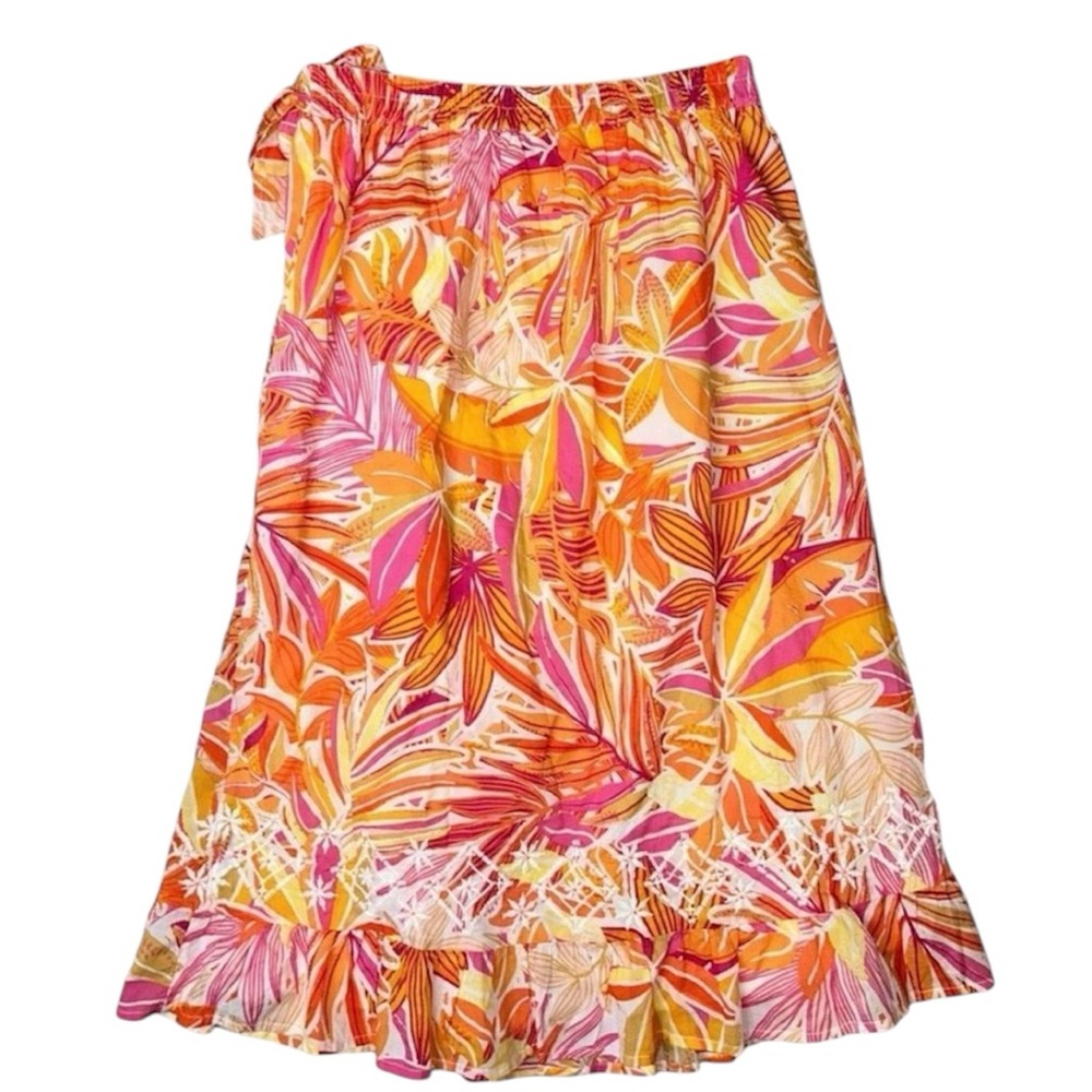 C&C California Orange & Pink Tropical Floral Faux Wrap Midi Skirt - Picture 2 of 5